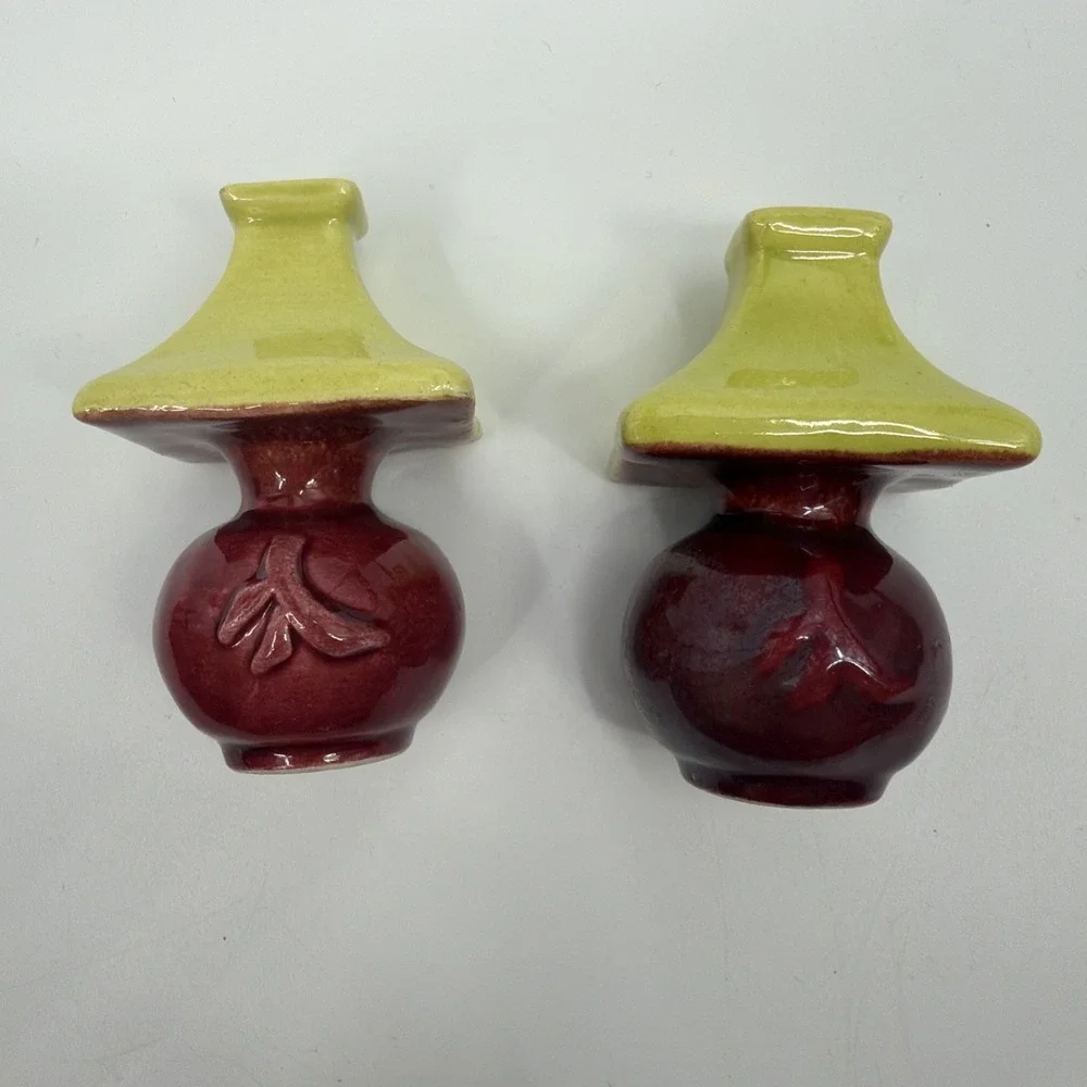 Mid Century Chartreuse/Burgundy's Ceramic Lamp Shaped Salt & Pepper Shakers
